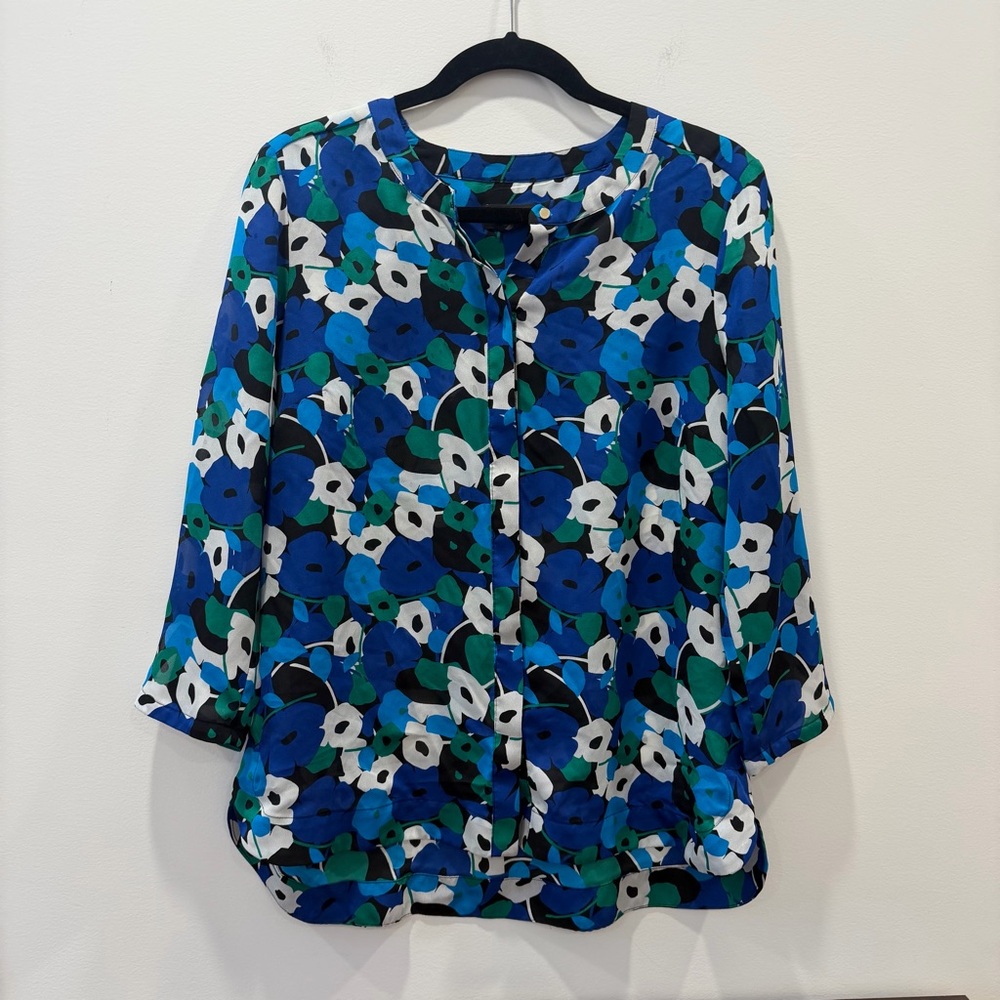 ✅ Liz Claiborne medium Floral Blouse Blue Green sheer career top shirt flower
